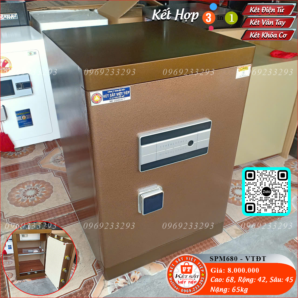 Két Sắt Vân Tay Điện Tử SPM680 – VTDT, Nâu Cafe, Việt Tiệp, Nặng 65kg, Két Sắt Bắc Ninh, Két Sắt Việt Tiệp Bắc Ninh.